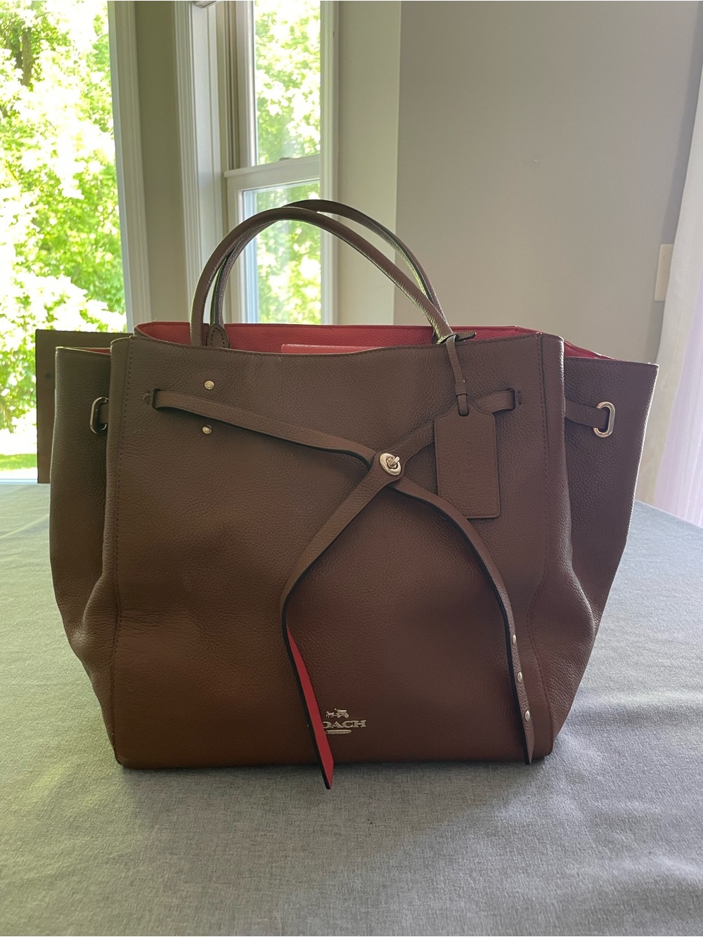 Coach Brown Leather Tote with Red Interior Trim